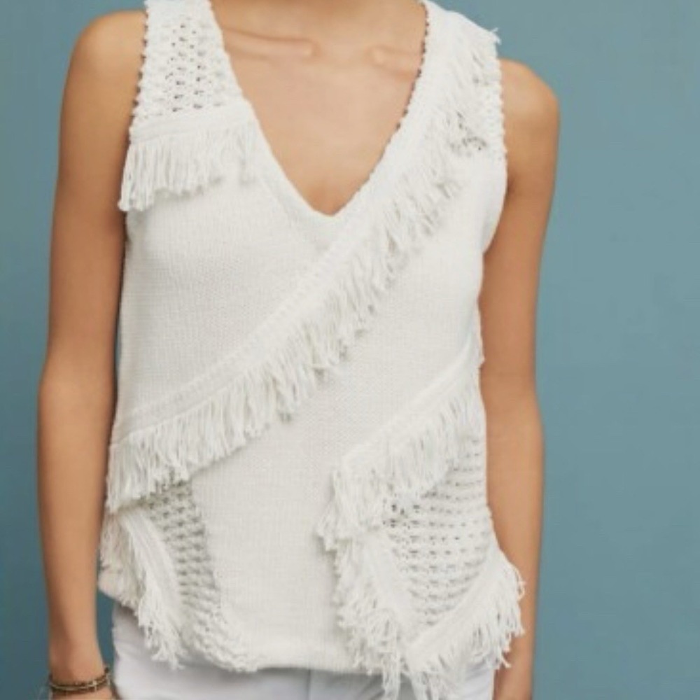 Anthropologie Sweater Vest Small‎ Fringe Boho Minimalist Twee Cottagecore Beige